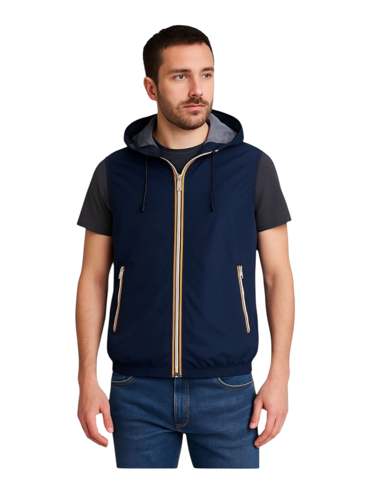 Giubbino smanicato con zip e cappuccio