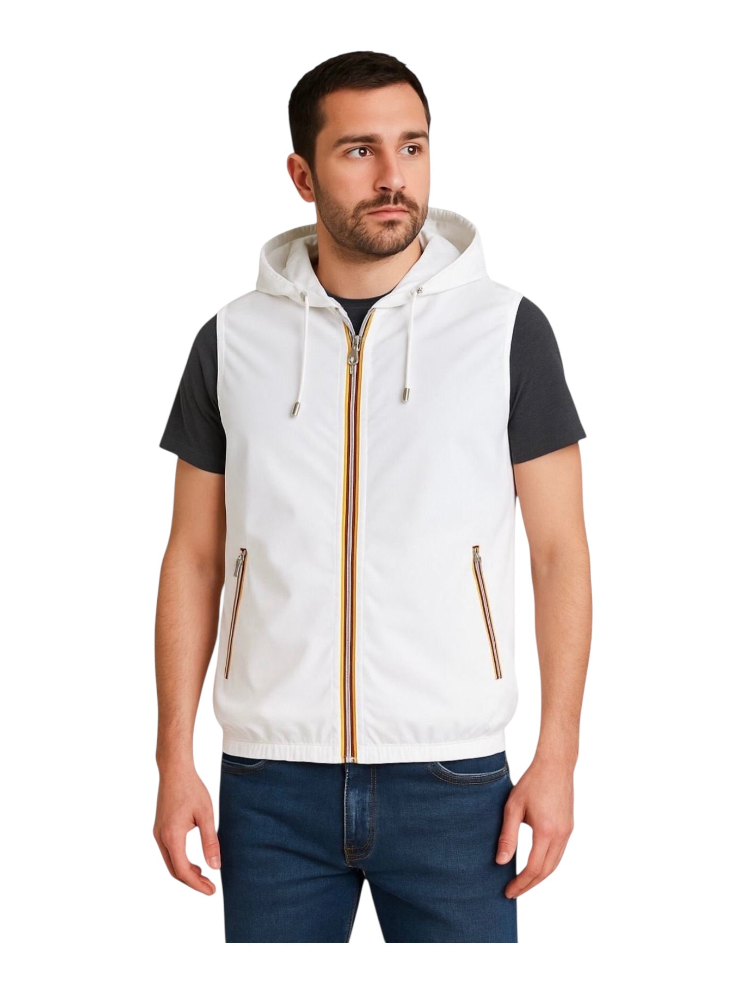 Giubbino smanicato con zip e cappuccio