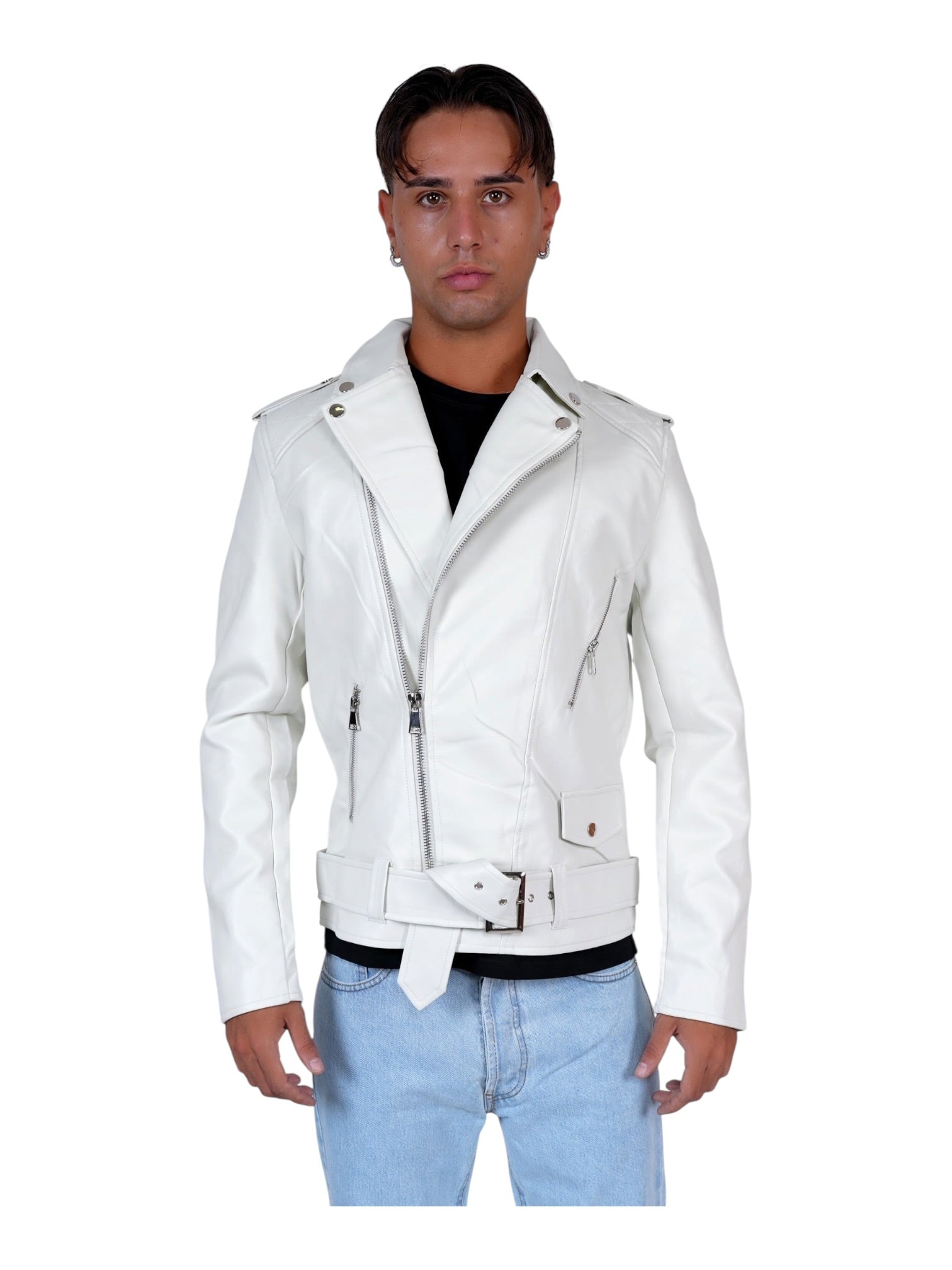 Chiodo ecopelle con zip e cintura in vita