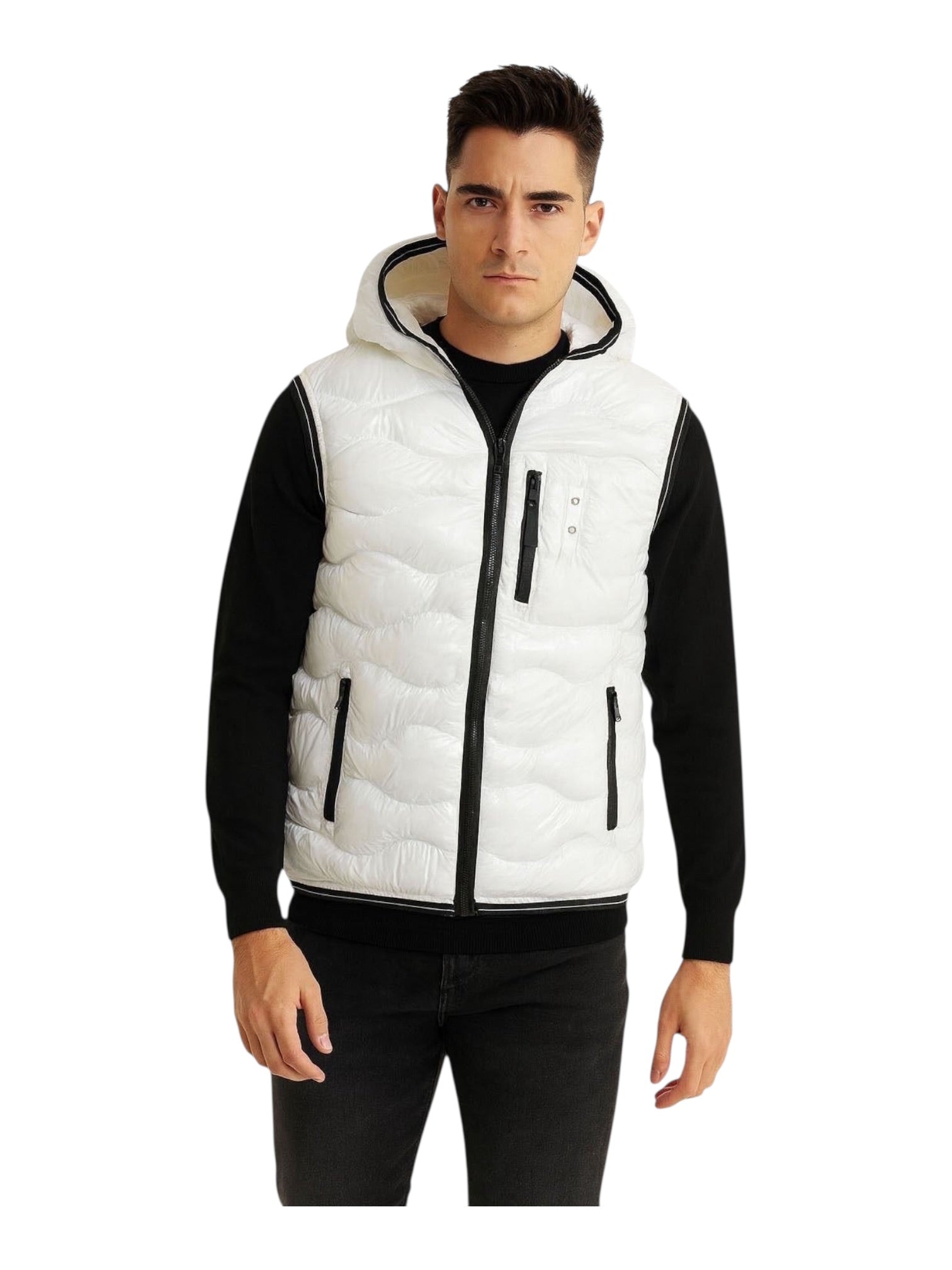 Giubbino smanicato con zip e cappuccio ondulato