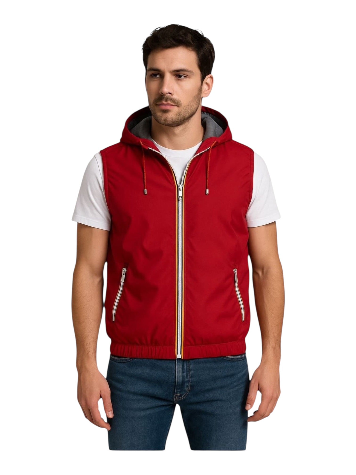 Giubbino smanicato con zip e cappuccio