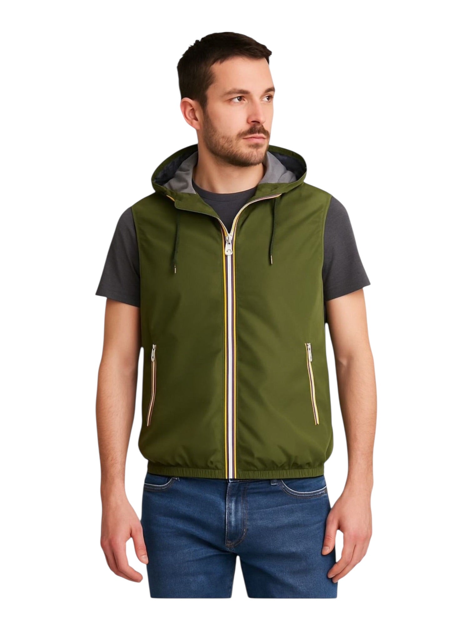 Giubbino smanicato con zip e cappuccio