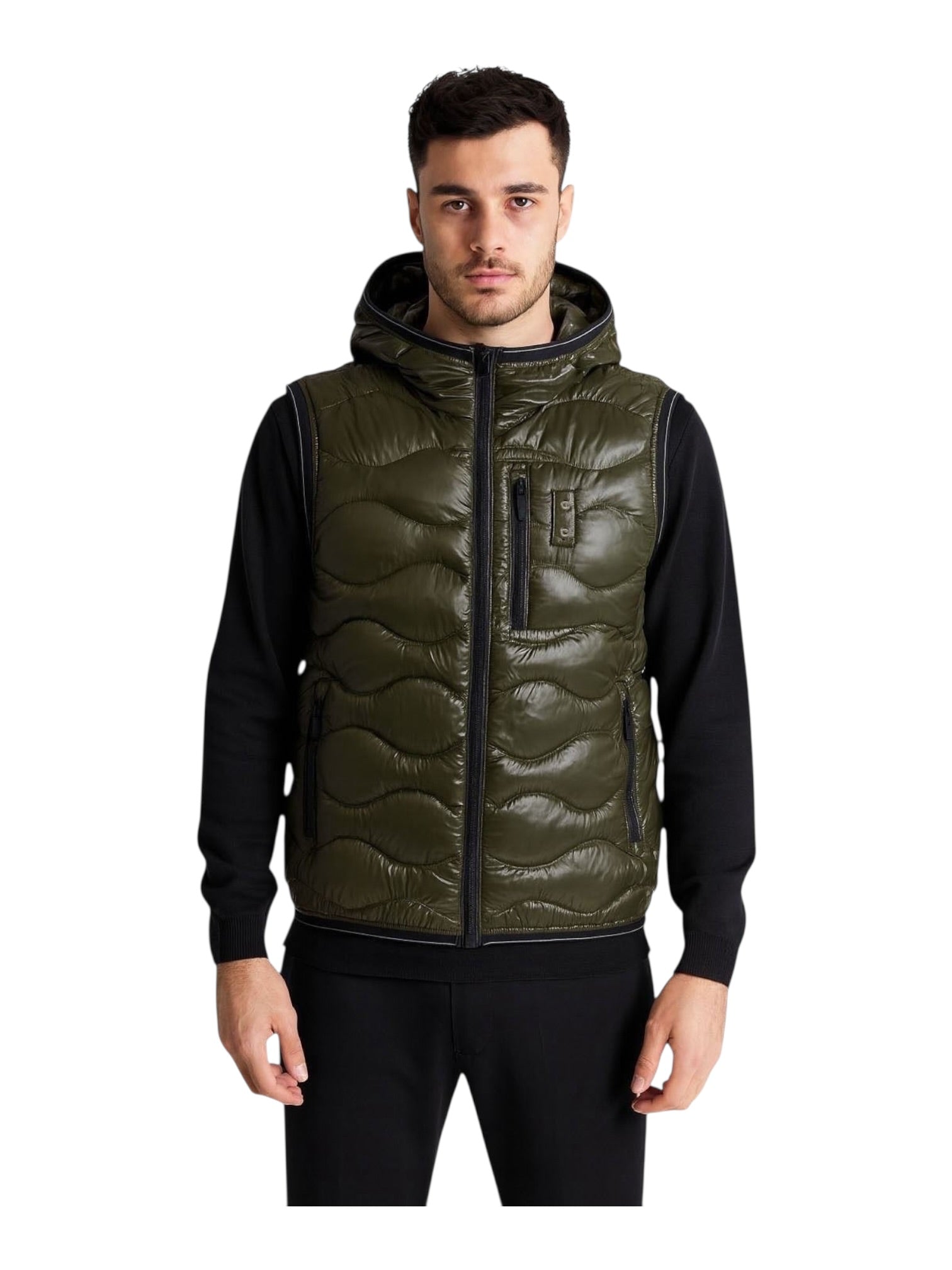 Giubbino smanicato con zip e cappuccio ondulato