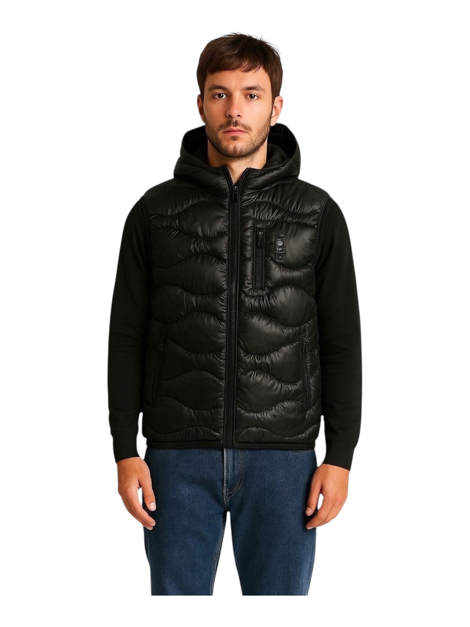 Giubbino smanicato con zip e cappuccio ondulato