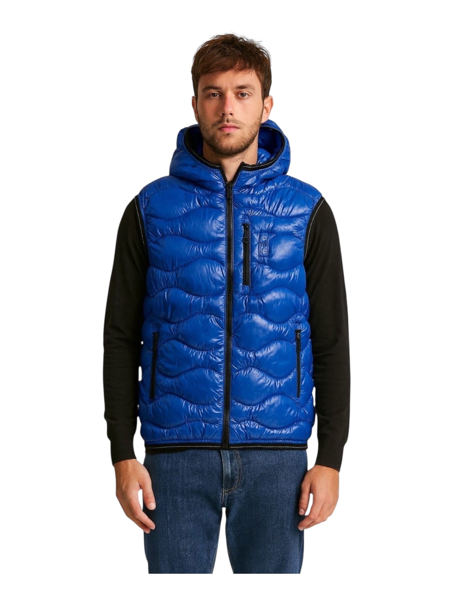 Giubbino smanicato con zip e cappuccio ondulato