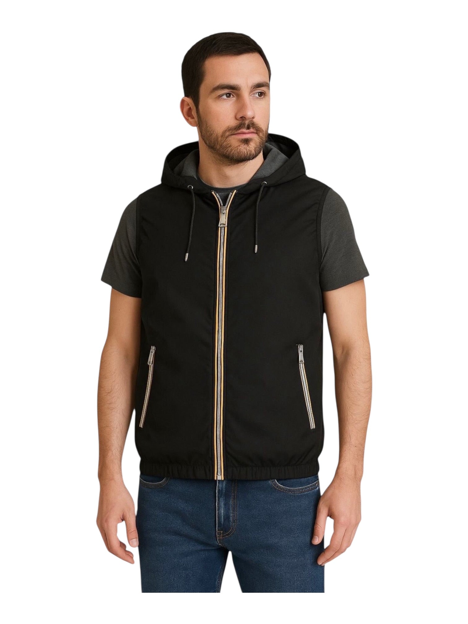 Giubbino smanicato con zip e cappuccio